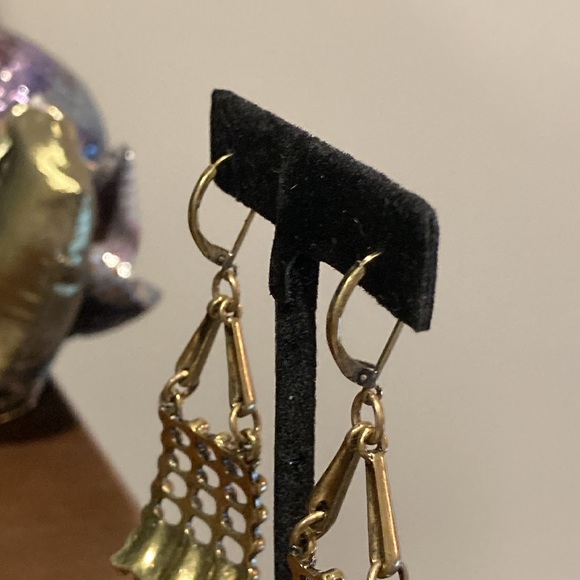 NWOT - Trendy Boho Brassy Ball & Rectangular Fringe Dangle Pierced Earrings - Picture 4 of 12